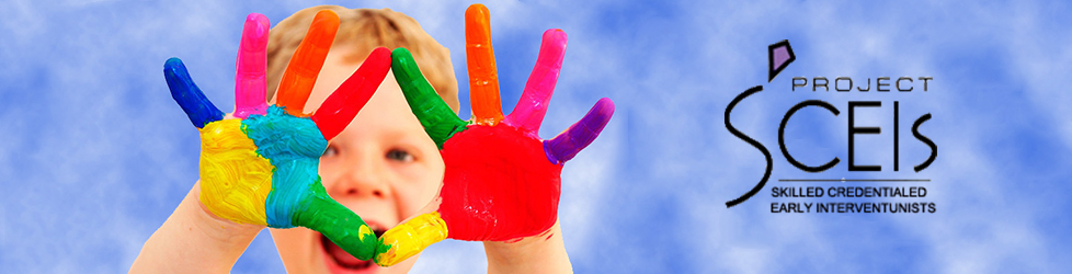 Young boy with multi-colored finger paint on his hands with Project SCEIs logo on the right side.